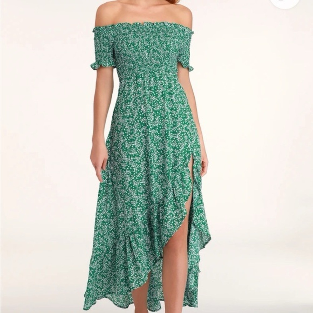 Lulus Fleur-action Green Floral OTS Dress High Low Ruffle Cottagecore Boho